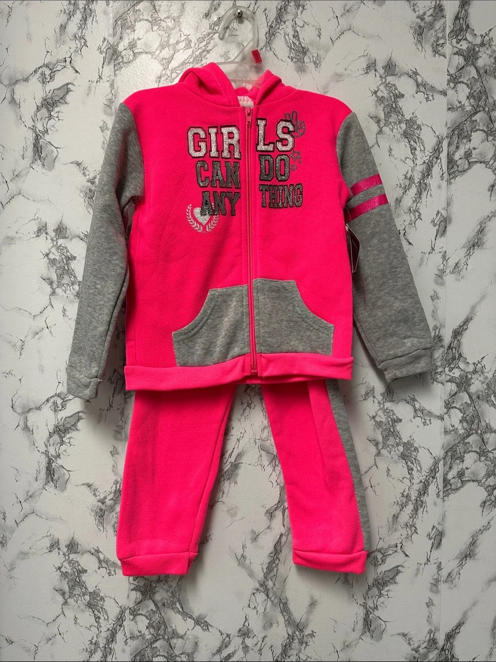 Girls Pink & Gray “Girls Can Do Anything” Hoodie & Jogger Set